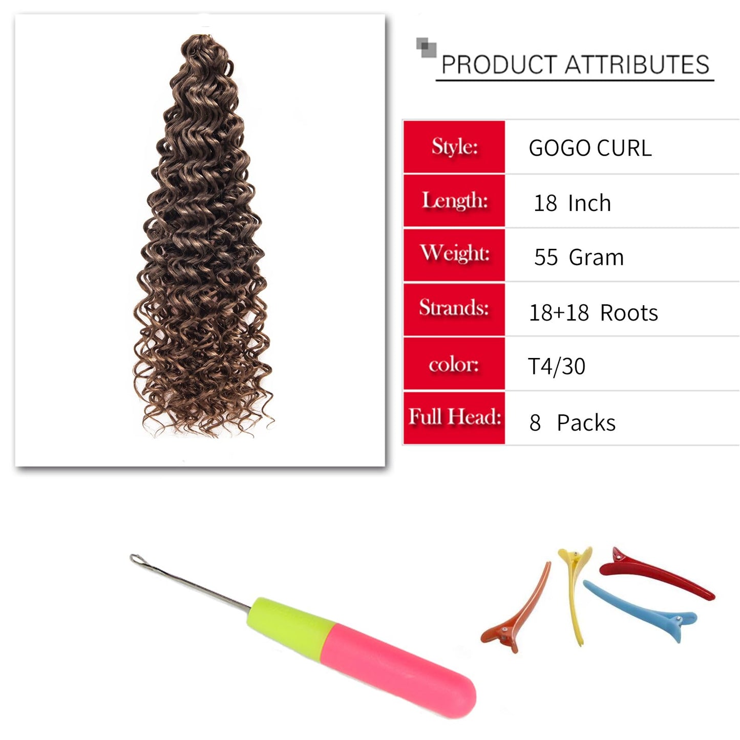 8 Packs Curly Crochet Hair GoGo Curl Crochet hair for Women Deep Wave Braiding hair,Synthetic Bohemian Crochet Braid Water Wave Crochet hair Extensions(18inch, T4/30)