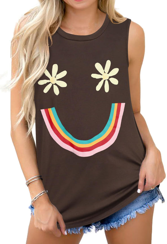 Womens Tank Tops Casual Summer Sleeveless Loose Tunic Blouses T Shirts (Rainbow Smile, S)