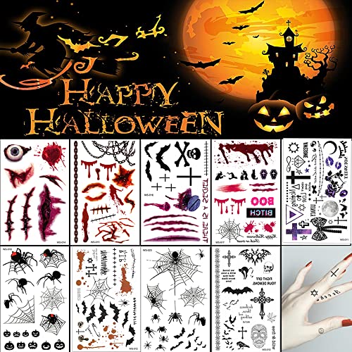 Halloween Temporary Tattoos - 9 Sheets Skull Spider Web Day of the Dead