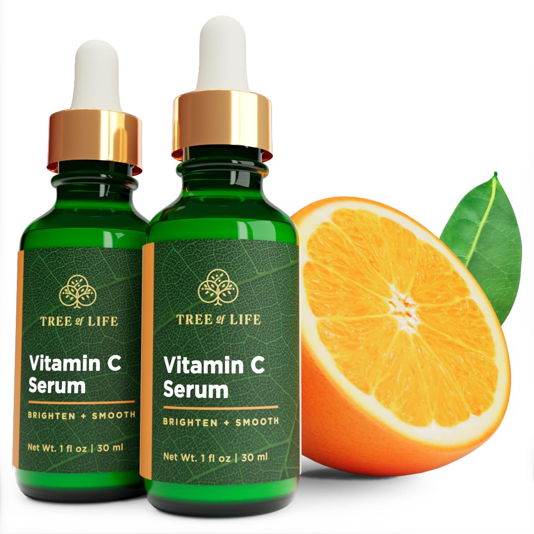 Tree of Life Vitamin C Skin Care Set, Skin Brightening Face Oil for Dark and Age Spot, Facial Serums for Dry and Sensitive Skin with Hyaluronic Acid and Vitamin E for Soft Smooth Skin, 1 Fl Oz, 2 Pack