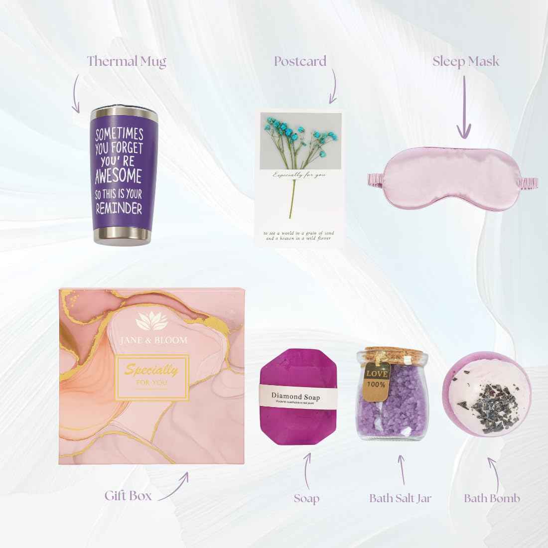 Spa Gift Set for Women, 6-Piece Marble Collection with Bath Bomb, Bath Salt, Sleeping Mask, Diamond Soap, Thermal Mug and Gift Card
