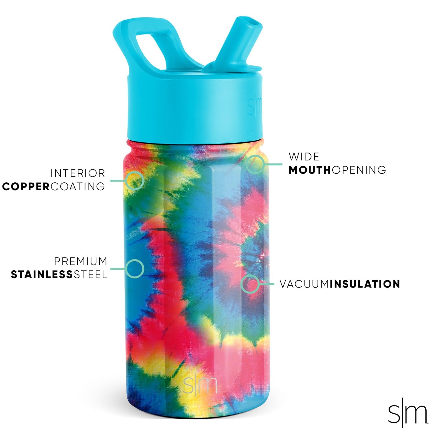 Simple Modern Kids Water Bottle with Straw Lid | Insulated Stainless Steel Reusable Tumbler for Toddlers, Girls | Summit Collection | 14oz, Tie-Dye