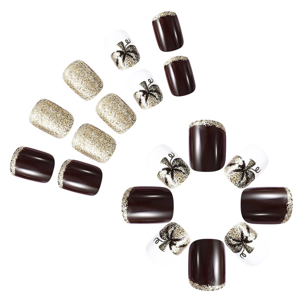 Halloween Press on Nails Short Square Fake Nails, Brown Press on Nails with Gold Glitter Pumpkin Designs Halloween Glue on Nails Full Cover False Nails Halloween Nails for Women 24Pcs