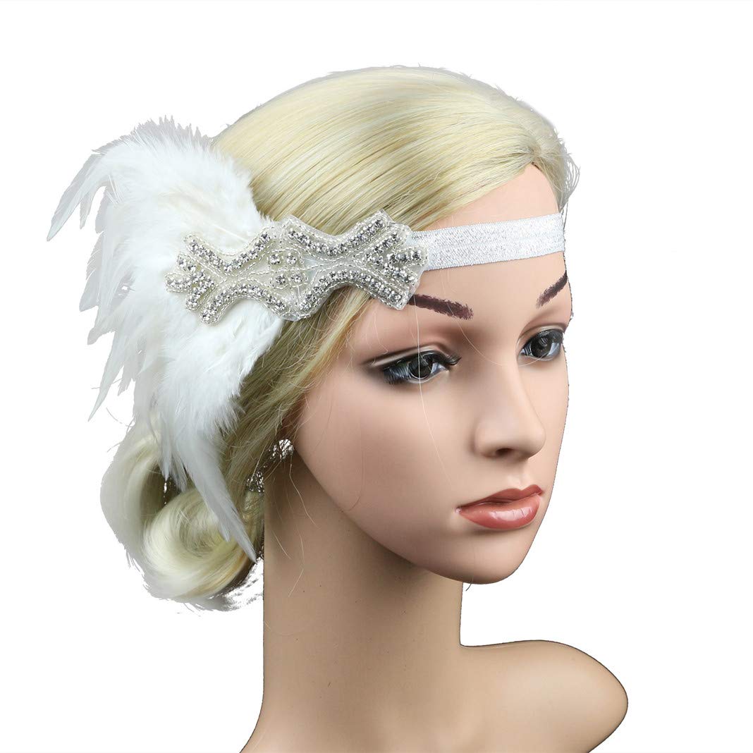 1920s Accessories Flapper Headband Art Deco Roaring 20's Headpieces for Women Gatsby Costume Hair Clip 01White