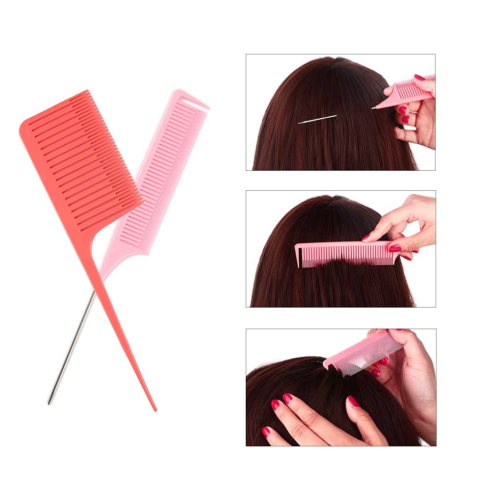 Fox Baby Comb, 4 Pcs Red - Highlighting Professional Styling Comb, Metal Rat Tail Teasing Comb, Dyeing Comb Foiling Comb for Home Hairstylist Barber Styling Weaving