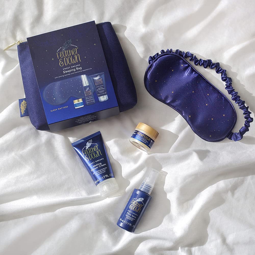 Feather & Down Sleeping Bag Gift Set: Luxury Eye Mask, Sleep Balm, Pillow Spray and Shower Cream, with Calming Lavender & Chamomile Essential Oils, Vegan & Cruelty Free