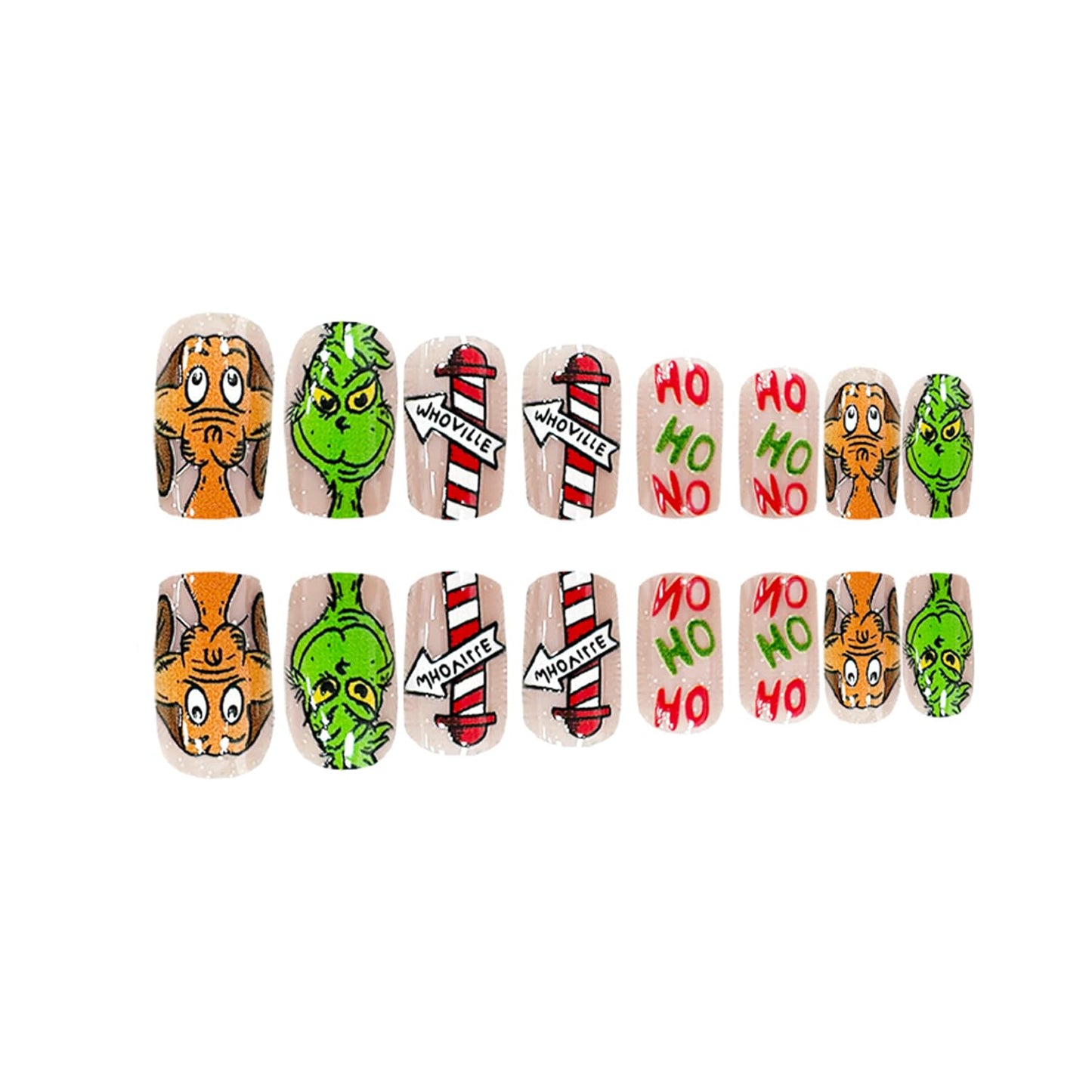 Christmas Fake Nails Medium Square Press on Nails Winter Xmas Acrylic Nails Full Cover False Nails with Green Monster Designs Cute Stick on Nails Gloss Artificial Nails Nail Decorations for Women