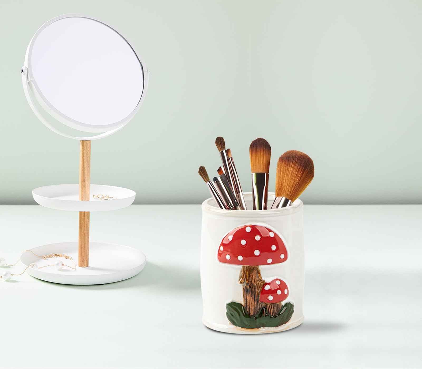 dgudgu Mushroom Makeup Brush Holder Ceramic Makeup Brush Organizer White Make Up Brush Holder Organizer
