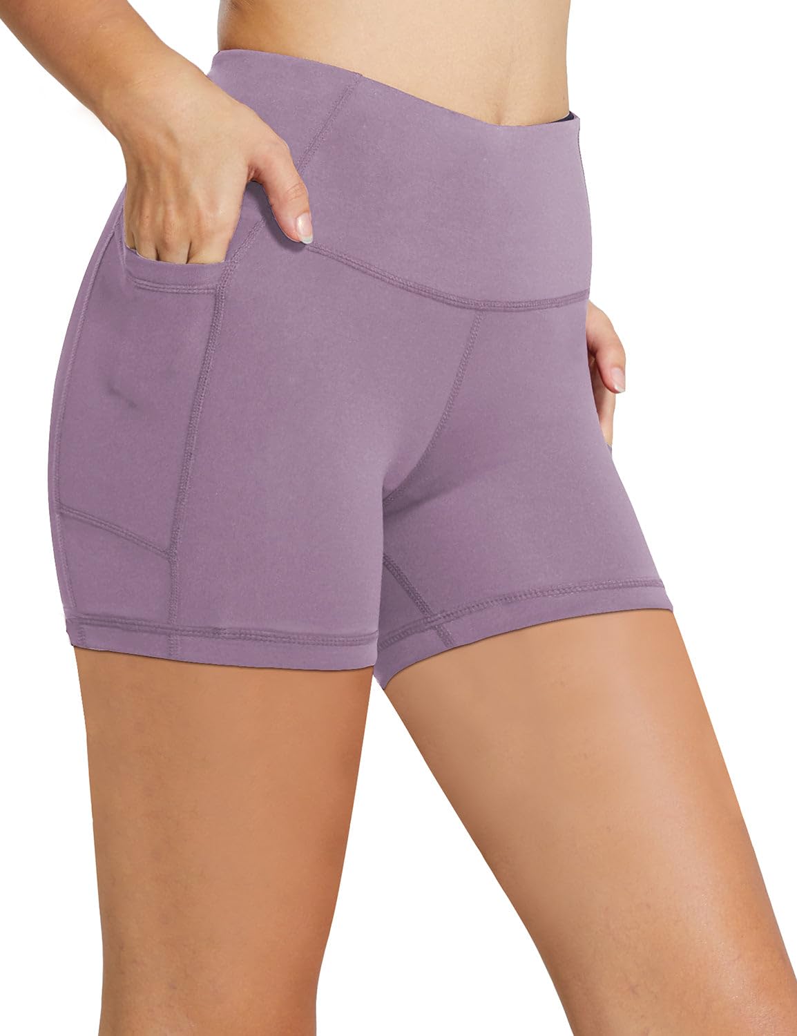 BALEAF Biker Shorts Women Yoga Gym Workout Spandex Running Volleyball Tummy Control Compression Shorts with Pockets 5" Light Purple XS