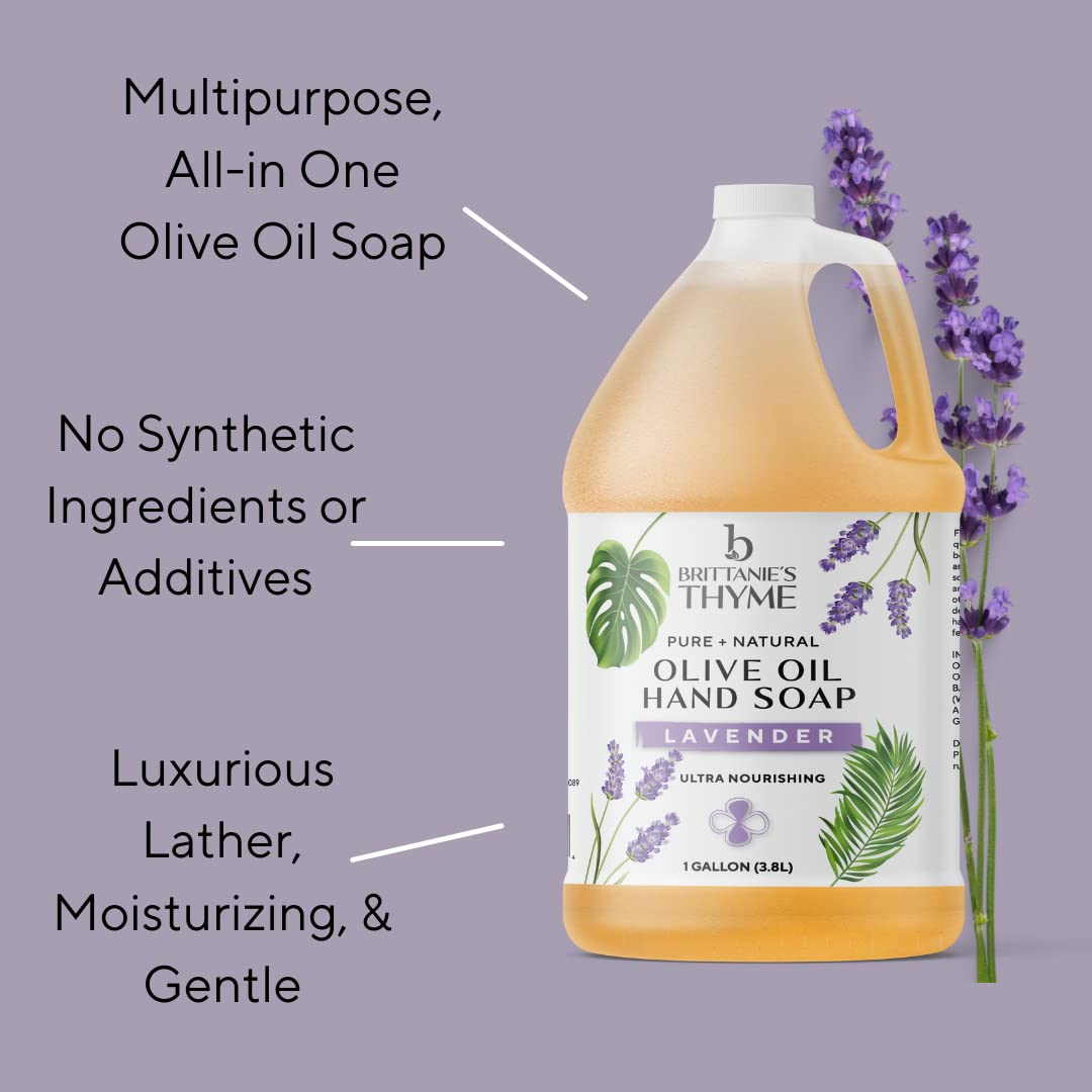 Brittanie's Pure Organic Castile Lavender Liquid Olive Soap Refill, 1 Gallon | Made with Natural Luxurious Oils, Vegan & Gluten Free Non-GMO, For Face, Body, Dishes, Pets & Laundry