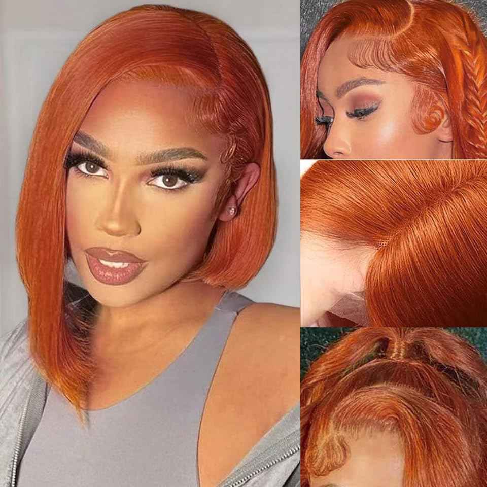 UTIDE #350 Ginger Bob Lace Front Wig Human Hair 13x4 HD Transparent Lace Frontal Wigs Pre Plucked Short Straight Bob Wig for Black Women with Baby Hair 180% Density Brazilian Orange Ginger Wig 8 Inch