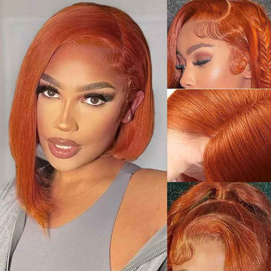 UTIDE #350 Ginger Bob Lace Front Wig Human Hair 13x4 HD Transparent Lace Frontal Wigs Pre Plucked Short Straight Bob Wig for Black Women with Baby Hair 180% Density Brazilian Orange Ginger Wig 8 Inch