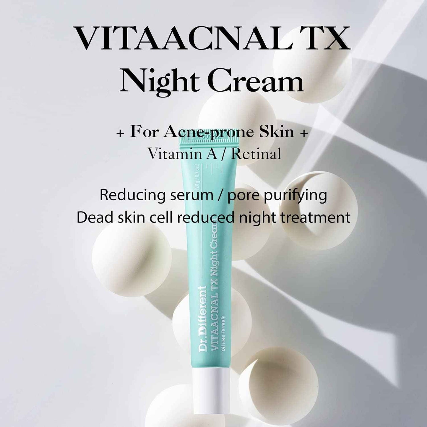 Dr. Different VITAACNAL TX Night Cream for Face - Soothing & Nourishing Retinal Sebum Control Night Cream For Acne-Prone Skin - Blackheads Care Oil-Free Treatment Removes Dead Skin Cells 0.7oz.