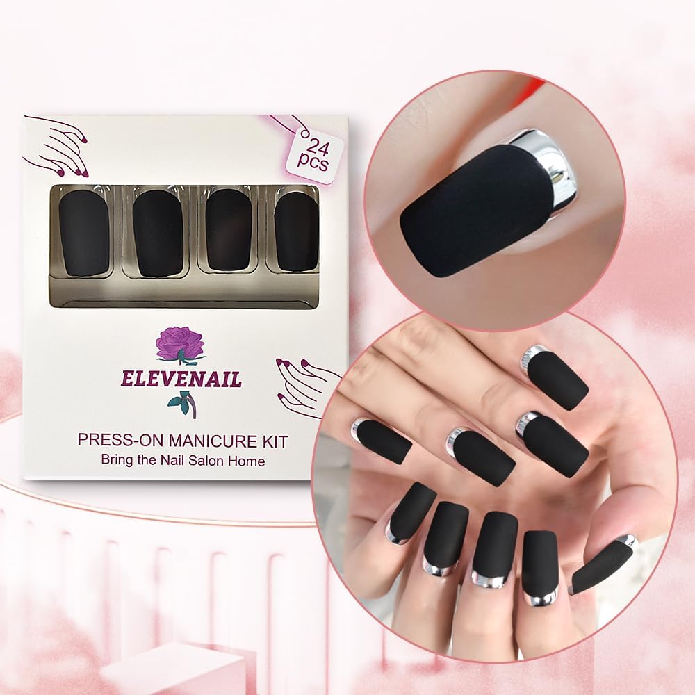 ELEVENAIL Matte Black Silver Metallic French Press on False Nails Medium Length Square Salon DIY Manicure Reusable Fake Acrylic Christmas Nail Art Tips with Jelly Adhesive Tabs Nail File