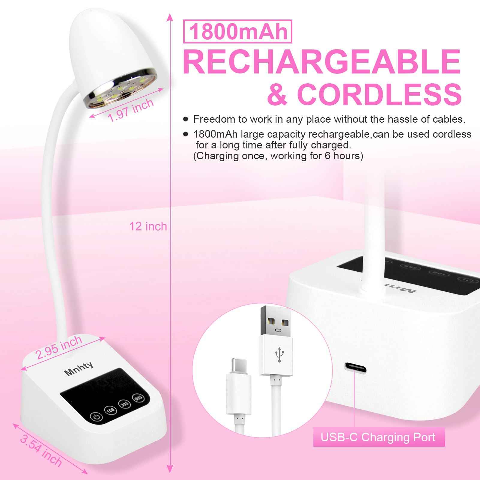 Mnhty U V LED Nail Lamp, Goose Neck Flash Cure Lamp 27W Rechargeable Mini U V Light for Gel Nails, Cordless Flash Cure Light with 3 Timers&Sensor, Fast Curing Gooseneck Lamps for Gel X, Snow White