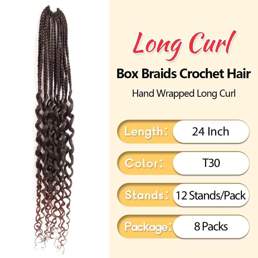 SECPOCPONY Long Boho Curl Box Braids Crochet Hair 24 Inch 8 Packs Pre looped French Curl Braiding Hair for Black Women Crochet Goddess Box Braid with Curly Ends (T30)