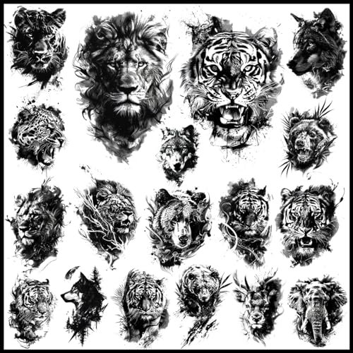18 Pcs Realistic Tiger Bear Lion Wolf Temporary Tattoos for Men Adults - Black Fake Animals Tattoo Stickers for Men Women Adult Body Art Arm Chest Shoulder