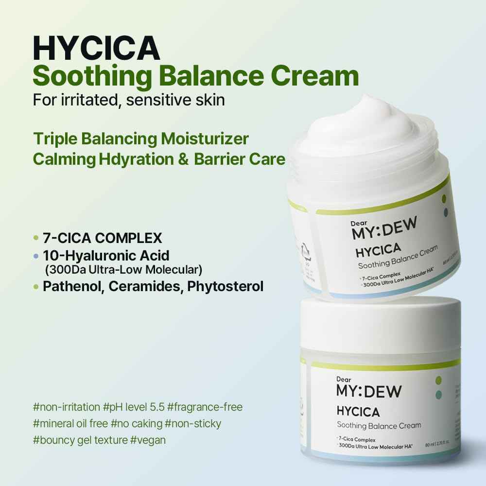 DearMYDEW HYCICA Soothing Balance Cream Moisturizer | Calming Hydration Barrier Care for Sensitive Skin, Centella, Ultra-Low Molecular Hyaluronic Acid, Vegan Fragrance-Free Korean Skincare, 2.70 fl oz