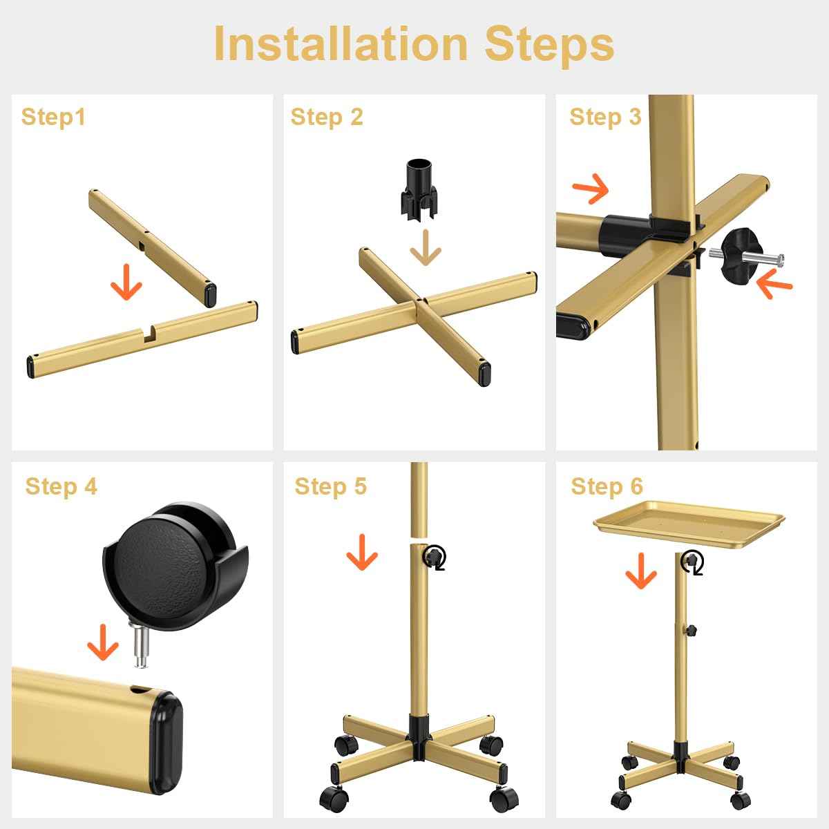 Salon Tray Cart, Salon Rolling Tray Adjustable Height, Tattoo Tray, SPA Rolling Trolley Tray for Beauty Hairstylist Dental Clinic,Champagne Gold