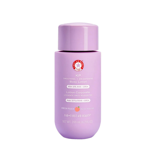 First Aid Beauty - KP Smoothing + Brightening Body Lotion with 10% AHA, Lactic Acid, Urea + Colloidal Oatmeal, Exfoliate & Moisturize, Banish Keratosis Pilaris Bumps, NEW Peach Scent (6. 7 fl oz)