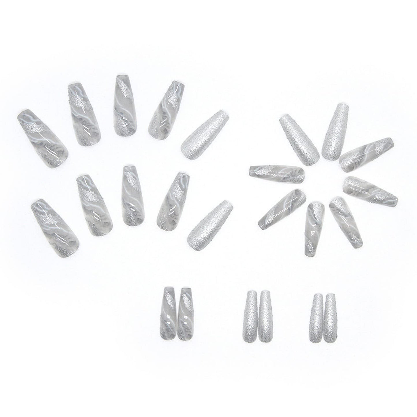 MISUD 24 pcs Coffin Press on Nails Long Fake Nails Ballerina Acrylic Nails Bling Artificial Nails Glossy Glue on Nails Grey Marble False Nails with Luxury Sparkly Glitter Design