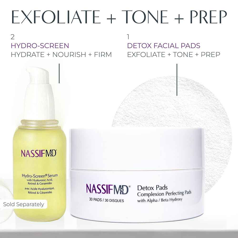 NassifMD Exfoliating Detox Pads | Surgeon-Created AHA/BHA Facial Pads for Deep Cleansing, Smoother Texture & Glowing Skin | Reduces Pores, Firms, Brightens