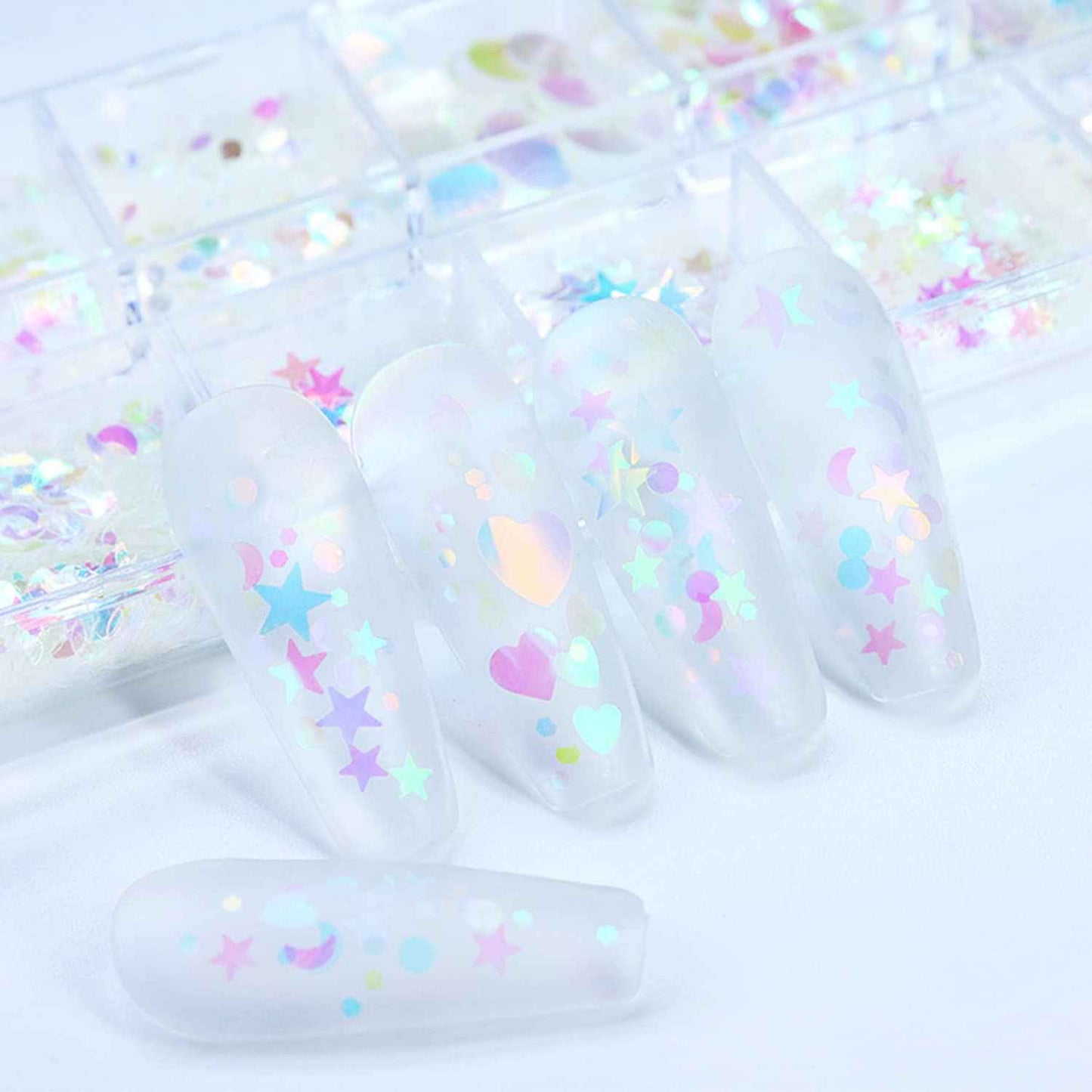 Nail Art Glitter Sequins, 3D Clear Iridescent Ultra-Thin Nail Art Glitter Flakes Designs, Mermaid Love Heart Butterfly Star Moon Round Shapes Nail Glitter Slices for Women Manicure Charms Decorations