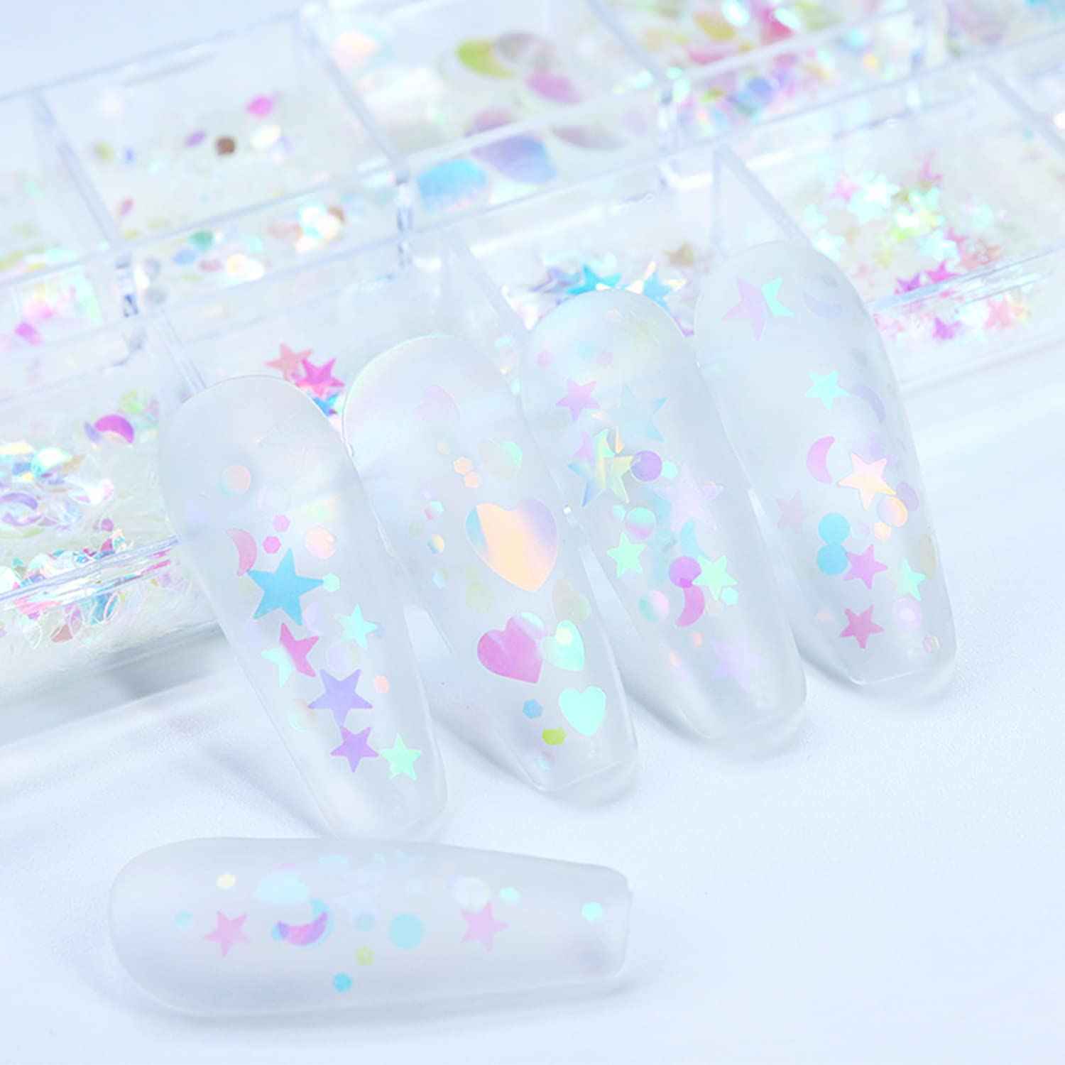 Nail Art Glitter Sequins, 3D Clear Iridescent Ultra-Thin Nail Art Glitter Flakes Designs, Mermaid Love Heart Butterfly Star Moon Round Shapes Nail Glitter Slices for Women Manicure Charms Decorations
