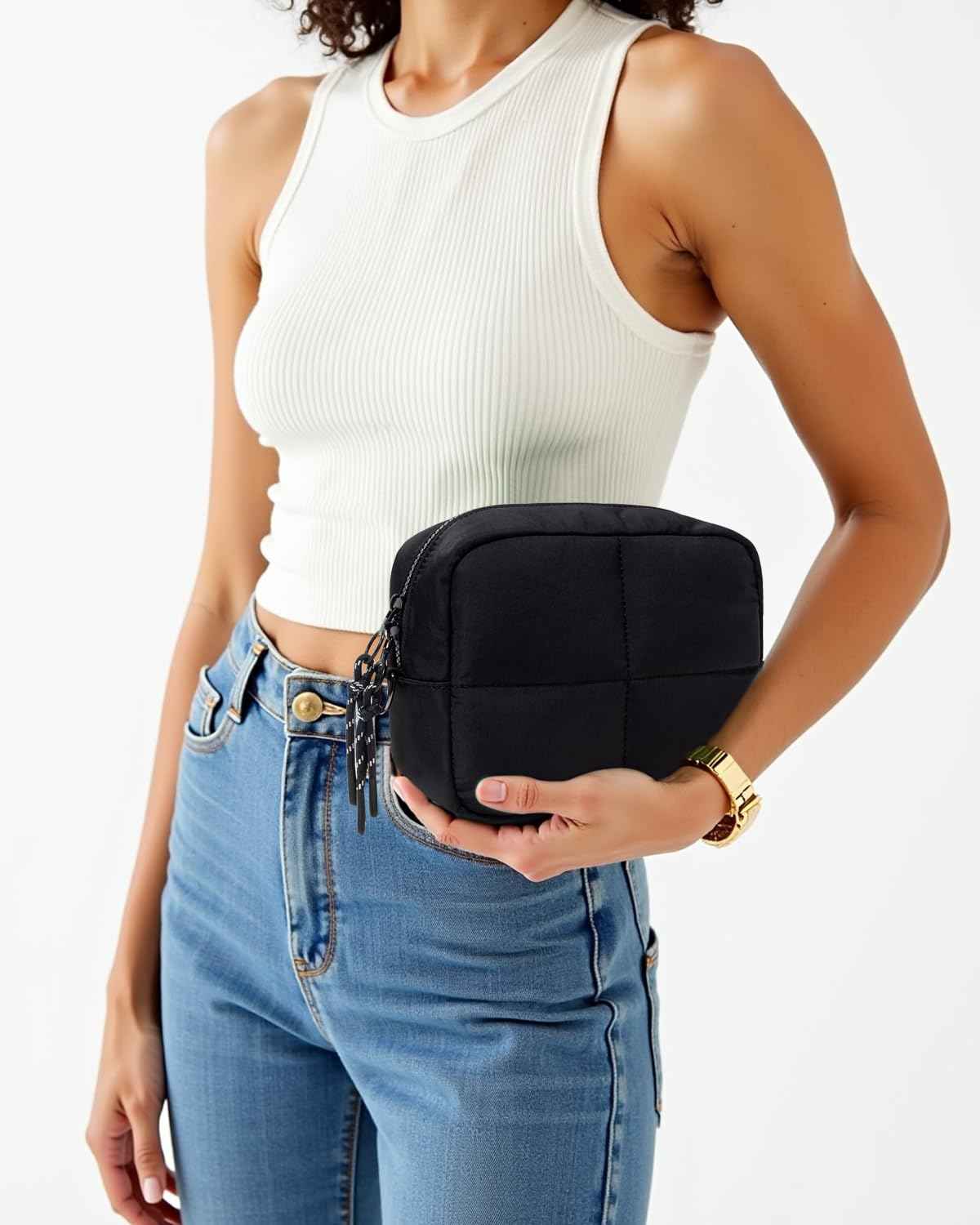 LETGO Puffy Makeup Bag for Purse Quilted Makeup Bag Cosmetic Bag, Puffer Make Up Organizer Bags Zipper Pouch, Travel Toiletry Bag for Women Girls (Black)