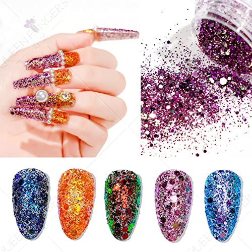 Mesiyun 12 Pots Holographic Nail Art Sequins 3D Laser Chameleon Chunky Nail DIY Sparkly Glitter Flakes for Women Manicure Tips Decorations