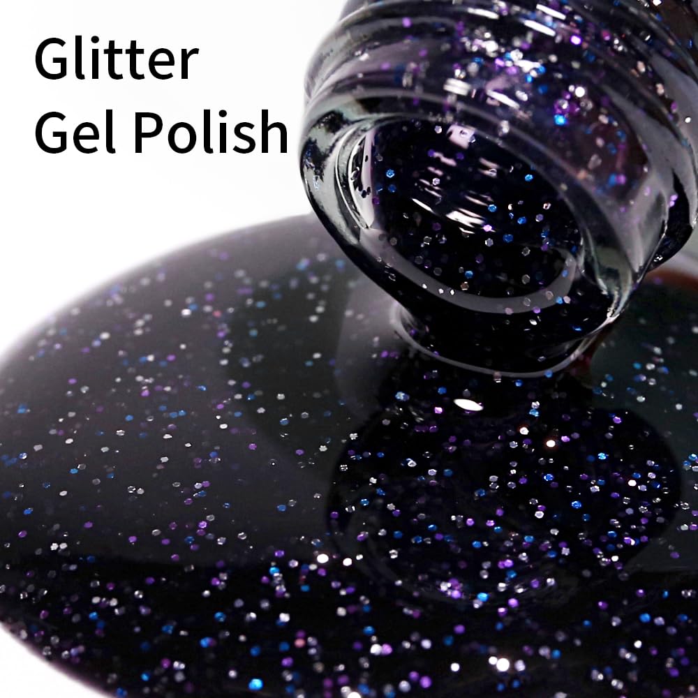 Firedeep Black Glitter Gel Nail Polish 16ML Big Bottles Black Iridescent Sparkly Shimmer UV/LED Soak Off Gel Polish for Nail Art Manicure DIY 1Pcs