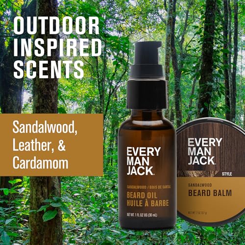 Every Man Jack Beard Grooming Kit for Men - Includes Sandalwood Beard Oil & Beard Balm, Beard Brush, Wooden Dual-sided Comb, Trimming Scissors and Mustache Comb