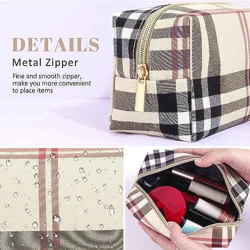 MAANGE Small Makeup Bag for Purse, 2 PCS Cosmetic Bag for Women Travel Makeup Pouch Leather Make up Bag Portable Zipper Pouch Brushes Bag - khaki plaid