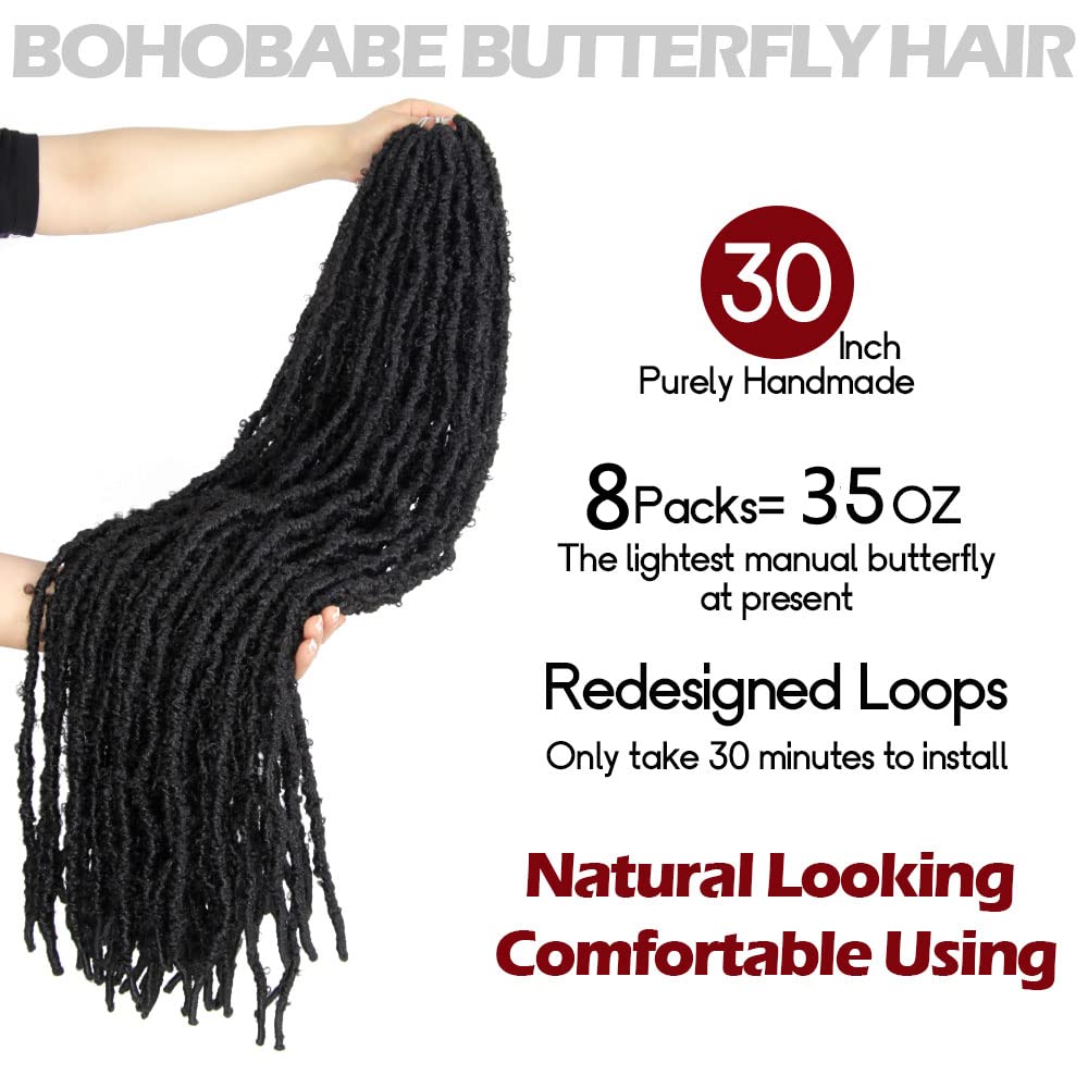 30 Inch Light Weight Butterfly Locs Crochet Hair 8 Packs Long Black Distressed Butterfly Faux Locs Crochet Hair, 1#