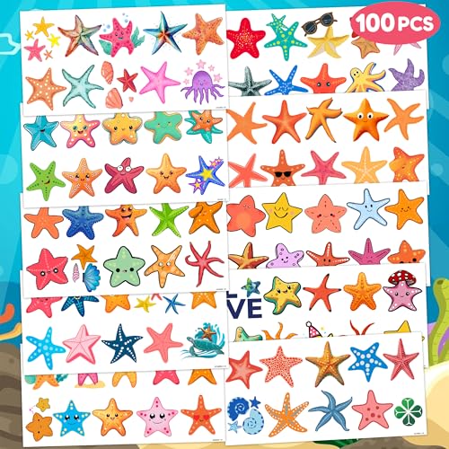 Cute Starfish Temporary Tattoos 10 Sheets 100PCS Under The Sea Party Decorations Supplies Favors Ocean Theme Birthday Cute Stickers Christmas Gifts for Boys Girls Kids Class School Prizes Carnival