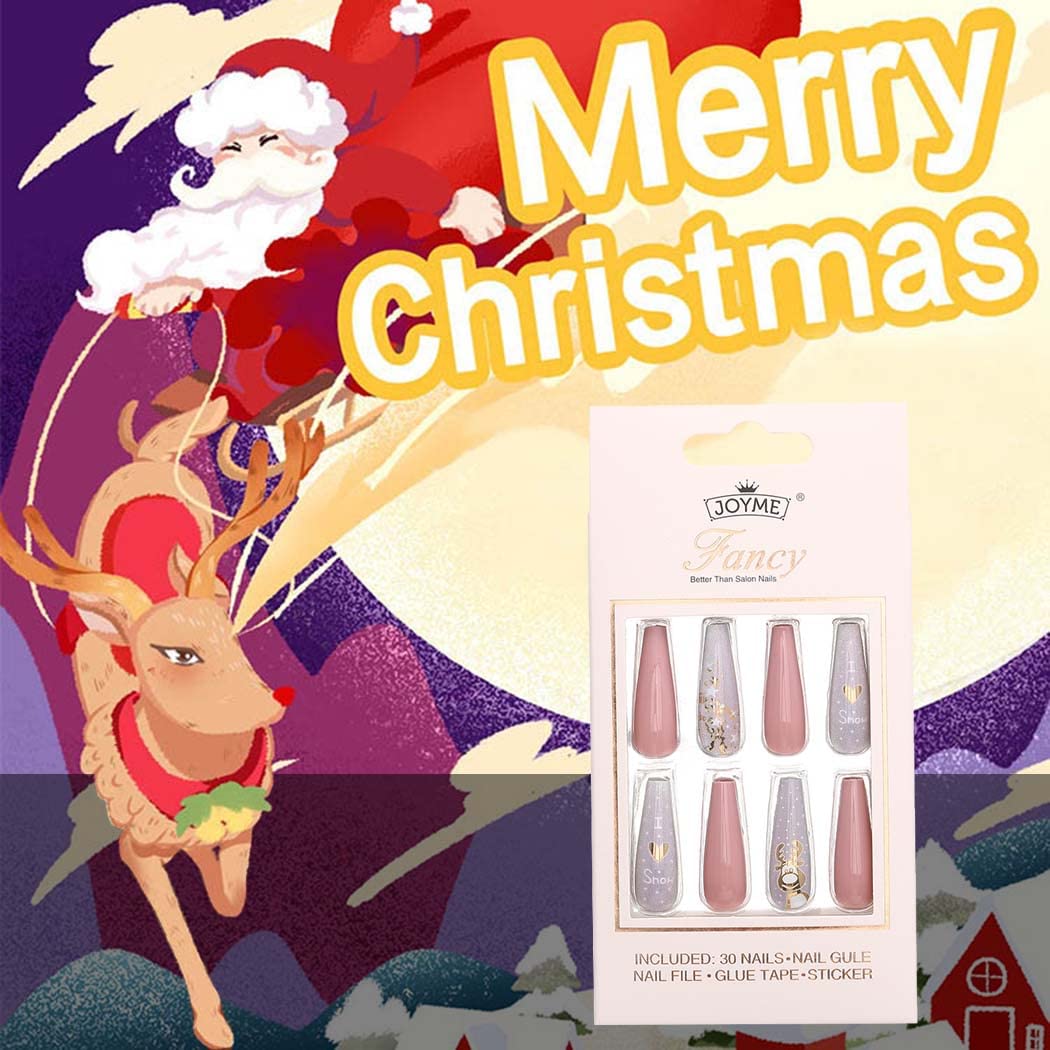 Uranian Coffin Extra Long Press on Nails Snowflake Red Christmas Fake Nails Elk Ballerina Glossy Full Cover False Nails Santa Claus Acrylic Nails Tips for Women and Girls 30 PCS (Pattern-H)