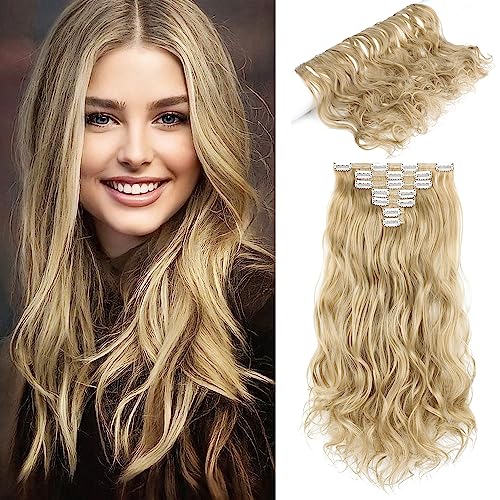 24" Ash Blonde Wavy Clip-In Hair Extensions - 7 Pieces, 170g