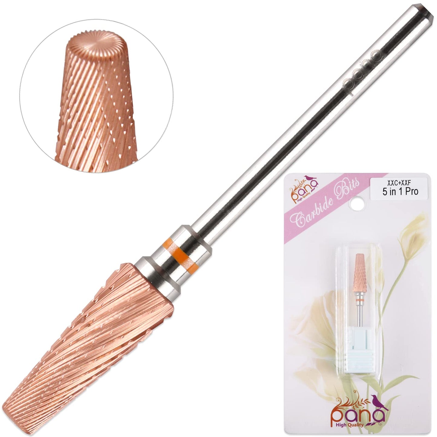 PANA 5-in-1 Pro Upgraded Multi-Function Drill Bit 3/32" Shank Size - (Rose Gold, 2X Coarse to 2X Fine) - Mix Size Tungsten Drill Bit Fast Remove Acrylic Hard Gel Nail for Manicure Pedicure