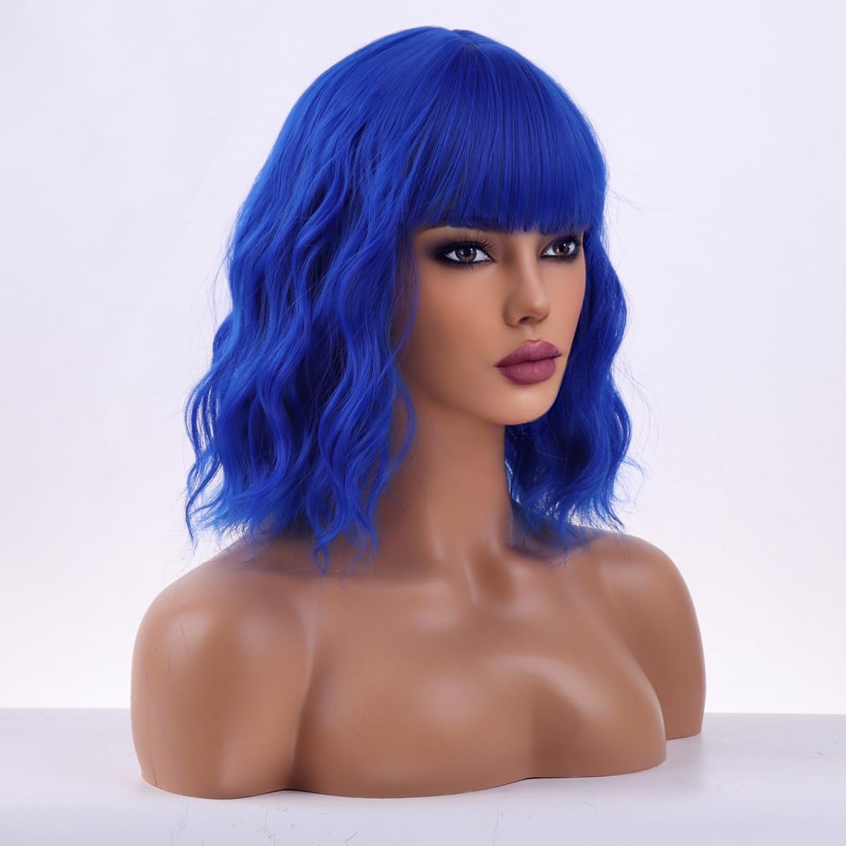 WTHCOS Dark Blue Short Curly Wavy Hair Wig for Women With Bangs Blue Wig Short Bob Wig Heat Resistant Synthetic Hair Wigs for Daily Use Cosplay Wig With Wig Cap