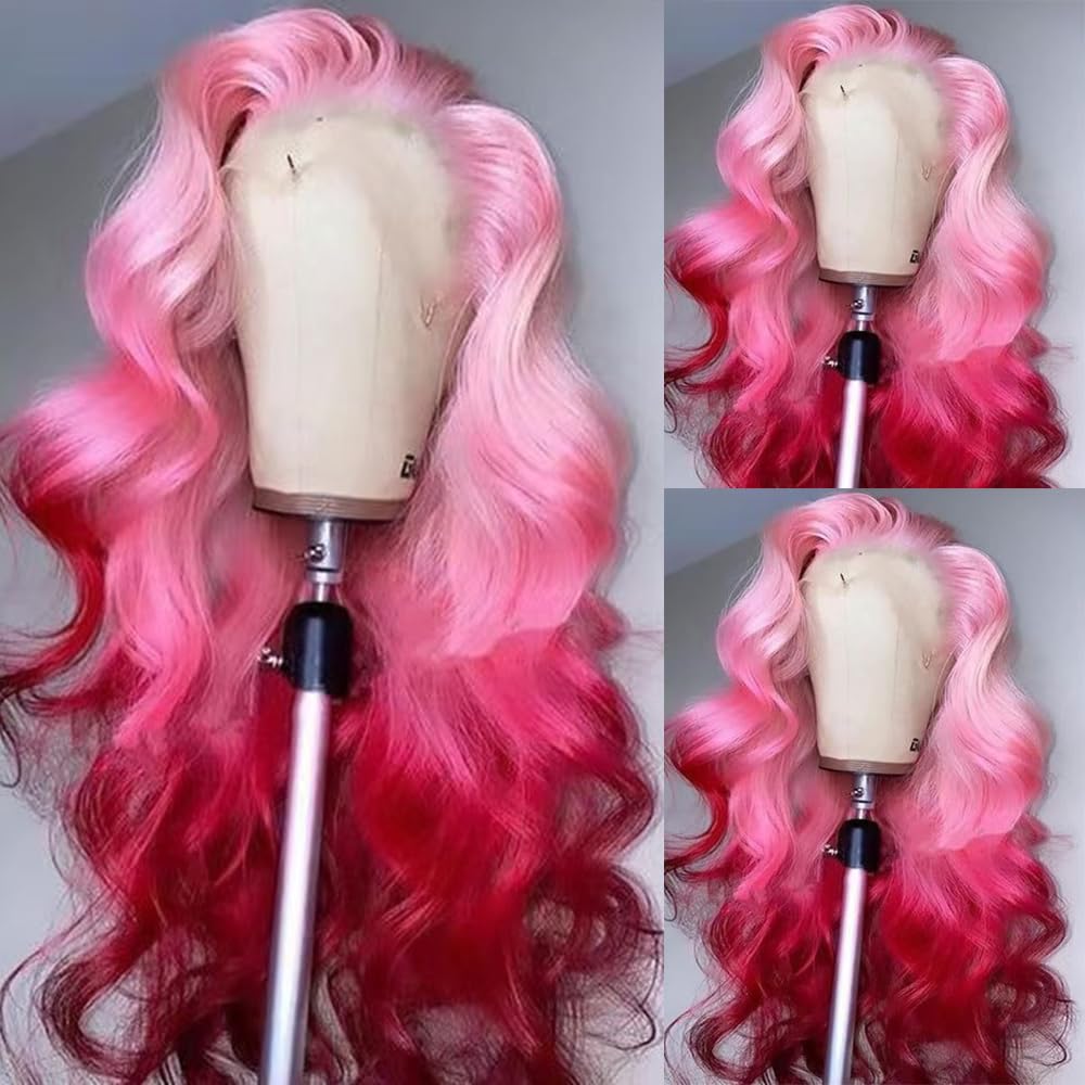 SISIFIRE Pink Highlight Lace Front Wigs for Women Pre-plucked Hairline Glueless 13X4 Inch Synthetic Lace Front Wig with Baby Hair Long Loose Body Wave Red Wigs for Daily Party Wig