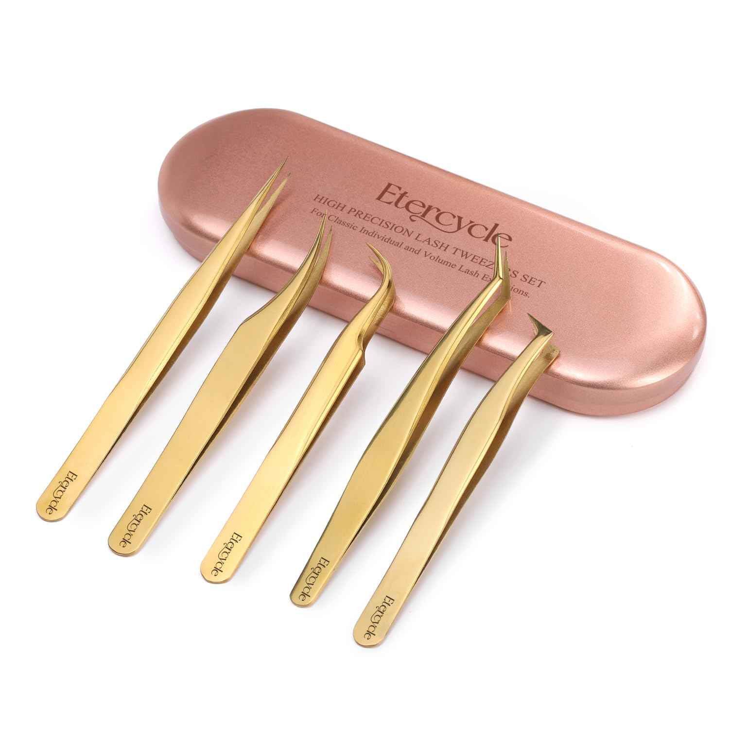 Etercycle High Precision Lash Tweezers Set - Includes 5 Stainless Steel Eyelash Tweezers for Classic Individual and Volume Lash Extensions. Complete with Storage Box