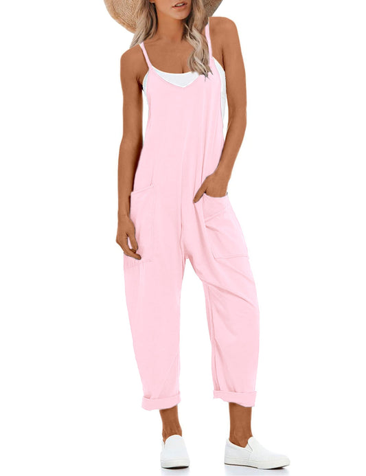 Lentta Women's Causal Jumpsuits V Neck Sleeveless Harem Overalls Stretchy Adjustable Strap Romper with Pockets(Pink-S)