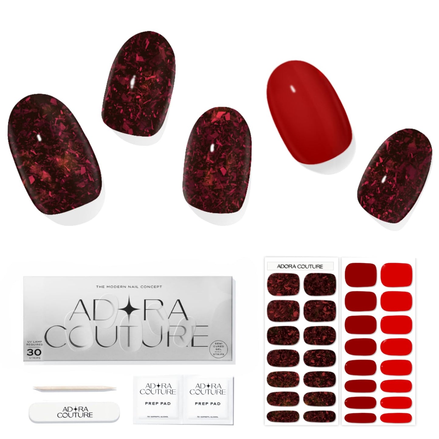 ADORA COUTURE Semi Cured Gel Nail Strips Fall | 30pcs Uv Gel Nail Stickers with Uv Light | Red Ruby Flakes Nail Wrap | Fall Nail Art Gel Stickers for Nails Uv Light (M.Ruby)