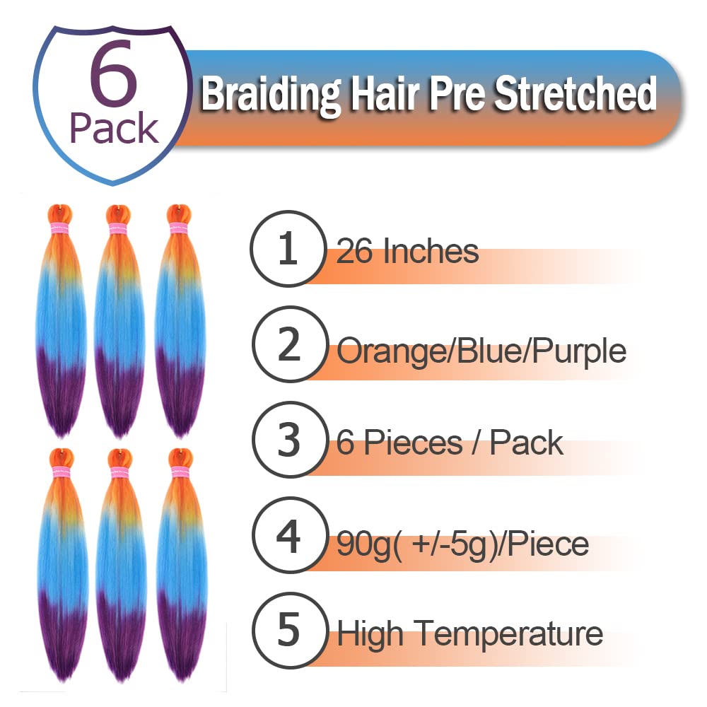 AFNOTE Pre Stretched Braiding Hair Extensions for Braids 26 Inch 6 Packs Ombre Braiding Hair Pre Stretched Professional Synthetic High Temperature Braid Hair Extension-Orange/Blue/Purple