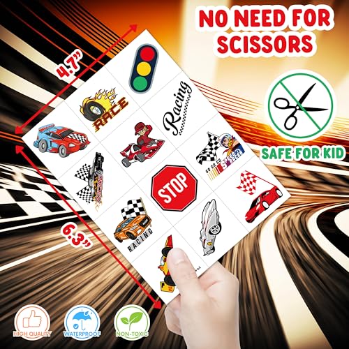 96 PCS Race Car Pre-Cut Temporary Tattoos Sticker Racing Pit Crew Checkered Flag Birthday Party Decorations Favors Supplies Gifts Boys Girls Cute Fake Tattoo School Prizes Carnival Theme (Normal)