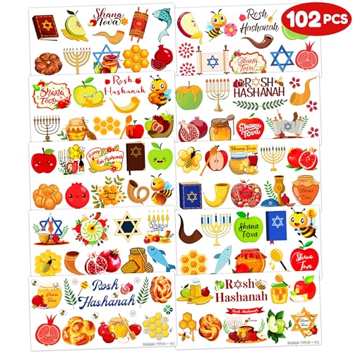 Rosh Hashanah Temporary Tattoos for Kids 102PCS Shana Tova Party Supplies Decorations Jewish New Year Festival Themed Favors Cute Holy Day Carnival Tattoos | Ideal Gifts & Prizes for Boys & Girls