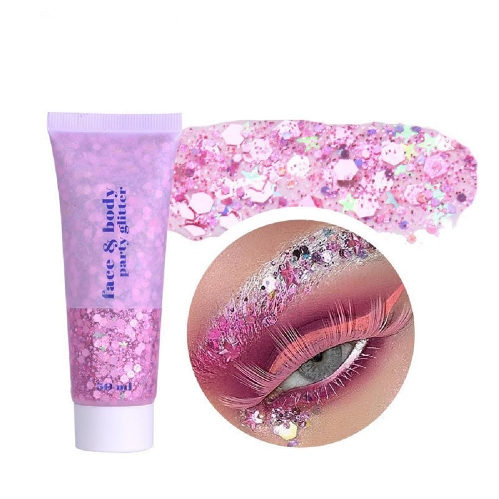 PAQIMAN Pink Face Glitter,Sparkling Neon Outfit Party Holographic Sequins Paint Body Glitter Gel Makeup.(03# Pink)