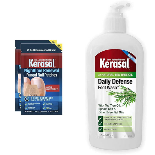 Kerasal Nighttime Renewal Fungal Nail Patches - 14 Patch Twin Pack - Overnight Nail Repair & Daily Defense Foot Wash Daily Cleanser for Feet, 12 Ounce