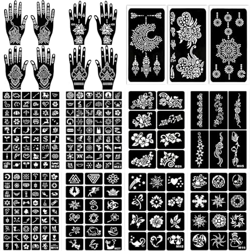 229pcs Henna Tattoo Stencils, 19 Sheets Temporary Tattoo Stencils for Women Face Body Paint DIY Art Glitter Airbrush Tattoo Pack