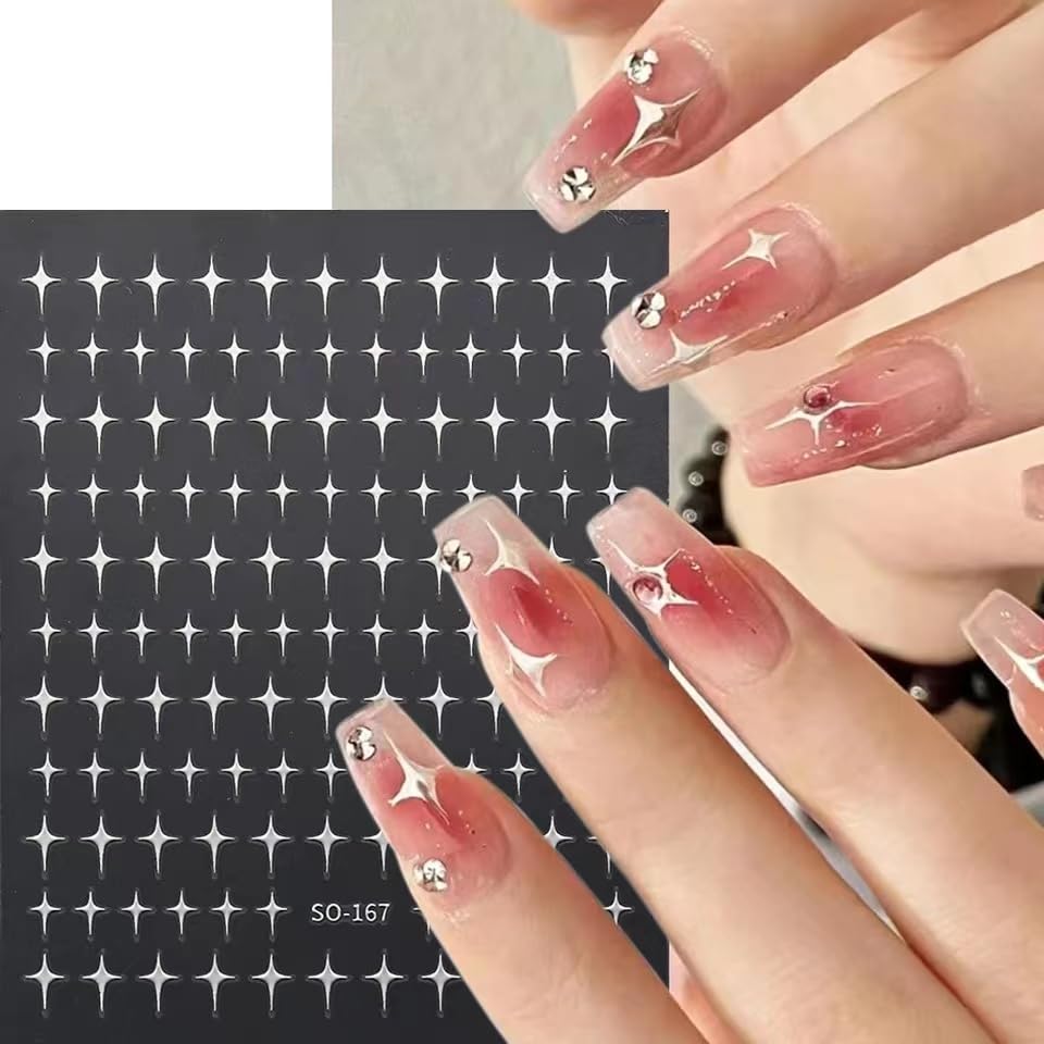 8 Sheets Star Nail Art Stickers Gold Sliver Star Nail Art Stickers Shiny GoldStar Nail Design Nail Art Supplies Gold Silver White Black Stars Nail Accessories for Women Girls Manicure Decorations